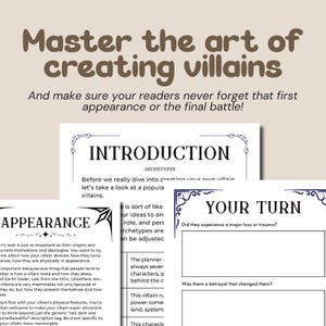 May include: A beige-colored guide titled "Master the art of creating villains." The guide includes sections on appearance, introduction, and "Your Turn." The text is in a serif font with decorative borders.