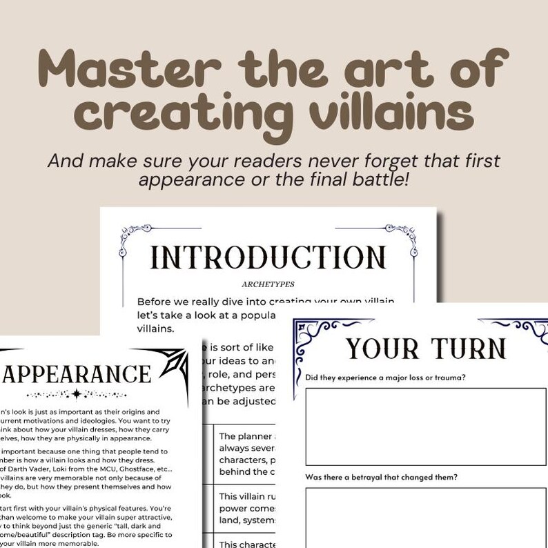 May include: A beige-colored guide titled "Master the art of creating villains." The guide includes sections on appearance, introduction, and "Your Turn." The text is in a serif font with decorative borders.