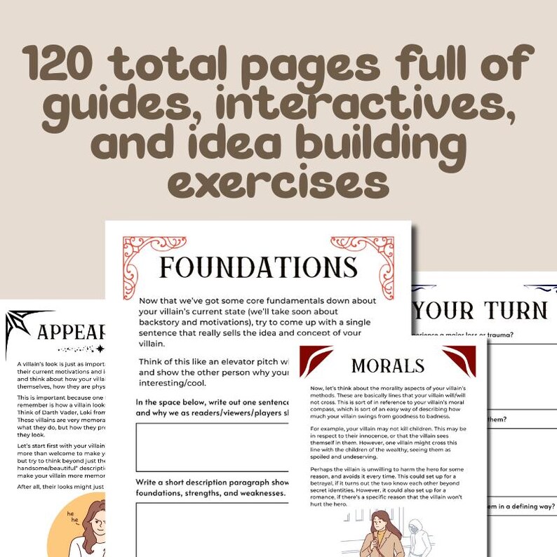 May include: A workbook with 120 pages of guides, interactive exercises, and idea-building activities. The pages feature sections titled "Foundations," "Your Turn," and "Morals," with prompts for character development. The text includes the phrase "APPEAR."