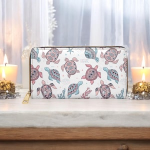 Cartera con cremallera y estampado de tortuga marina para mujer. Precioso bolso de mano con estampado bohemio de animales marinos. Elegante cartera larga de piel vegana.