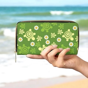 Cartera con diseño artístico de tortugas bohemias hippies, diseño floral verde, con cremallera y diseño artístico de tortugas, ranuras para tarjetas, piel vegana.
