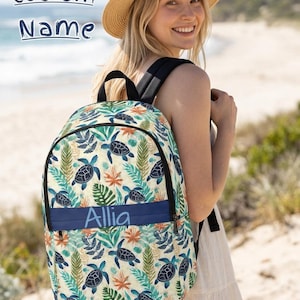 Personalized Tropical Sea Turtle Backpack, Custom Name Botanical Ocean Bookbag, Coastal Turtle School Bag, Marine Life Gift