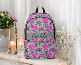Pink Personalized Turtle Backpack, Tropical Floral Bag, Hawaii Island Bookbag with Sea Turtle Design, Custom Turtle Gift
