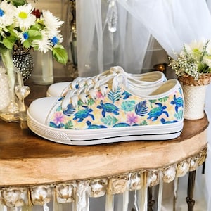 Sea Turtle Print Sneakers for Women with Tropical Floral Pattern, Cute Ocean Animal Canvas Shoes, Beach Lover Gift, Coastal Casual Style
