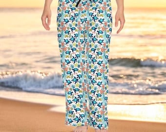 Sea Turtle Pajama Pants for Women with Ocean Coral Reef Print, Coastal Lounge Pants,  Beach Themed Sleepwear, Marine Life Gift Idea