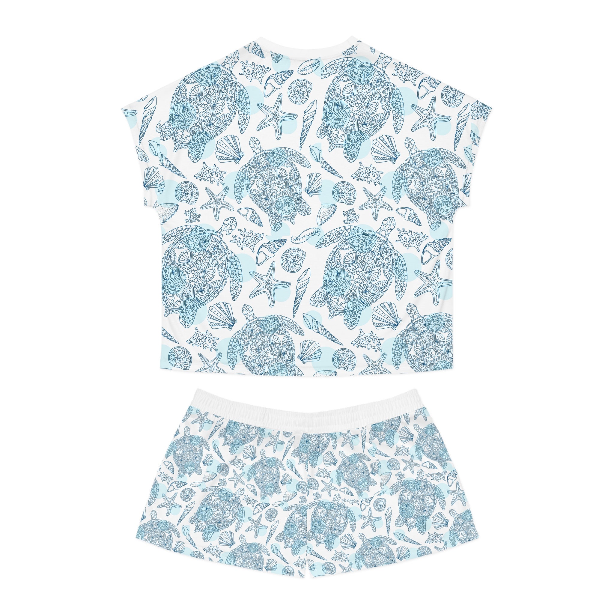 Pastel Blue Sea Turtles Pajamas Set, Women Sleepwear