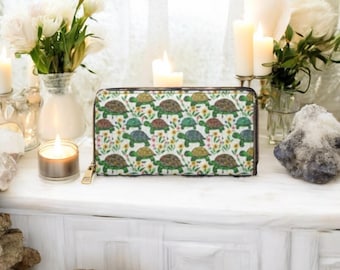 Tortoise Floral Wallet, Women’s Zip Around Card Organizer Clutch, Garden Turtle Wallet with Botanical Design, Nature Wildlife Lover Purse