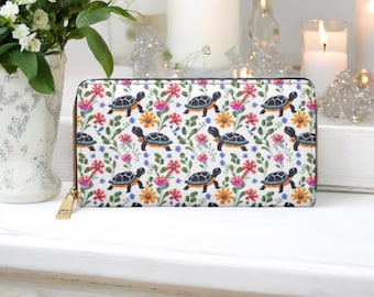 Floral Turtle Wallet Colorful Wildflowers, Cute Botanical Vegan Tortoise Zip Around Clutch Purse for Women, Box Turtle Zip Coin Purse