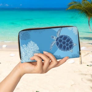 Cartera larga con cremallera para mujer, diseño artístico de tortuga marina azul, con tortugas, de cuero vegano, sin crueldad animal, tarjetero de viaje