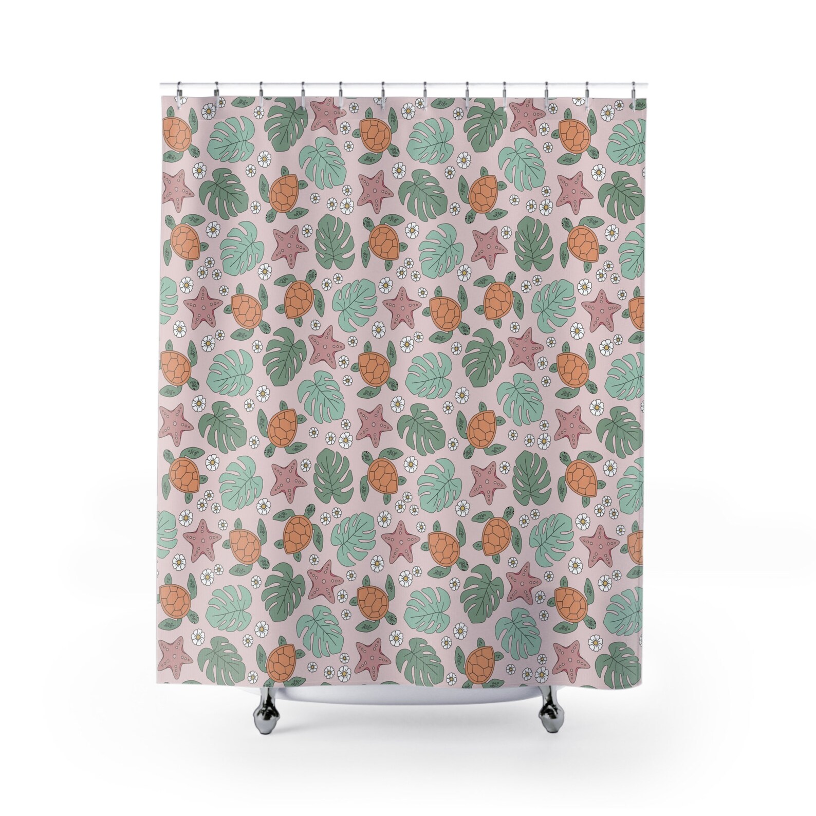 Tropical Sea Turtles Shower Curtain, Coastal Bath Curtain, Tropical