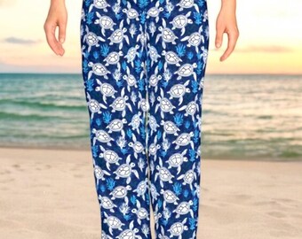 Women’s Sea Turtle Pajama Pants – Coastal Lounge Pants, Ocean Print Sleepwear Bottoms, Beach Themed Loungewear, Cute Nautical Clothing