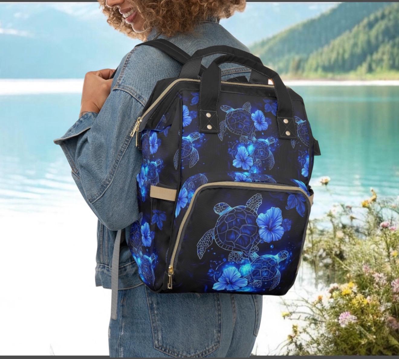 Blue Turtle Embroidered Women\'s Backpack Sea Turtle Backpack, Ocean Blue Turtle Print School Bag  main image 4