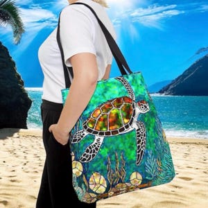 Colorful Sea Turtle Tote Bag - 18 Inch Tropical Terrapin  Ocean Life Design - Vivid Underwater Sea Creature Beach Bag for Nature Lovers
