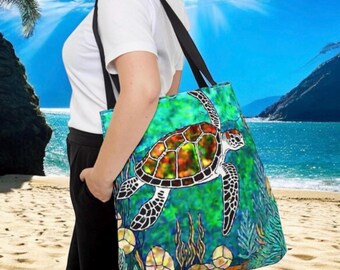 Colorful Sea Turtle Tote Bag - 18 Inch Tropical Terrapin  Ocean Life Design - Vivid Underwater Sea Creature Beach Bag for Nature Lovers