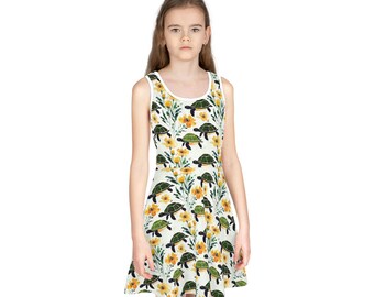 Feminine Turtle Girls Sleeveless Sundress, Toddler & Girls Turtle Print Spring Summer Dress, Mommy Daughter Matching Turtle Dresses