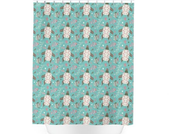Cute Pink and Teal Sea Turtles Polyester Shower Curtain