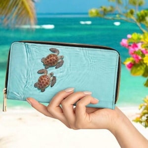 Cartera de tortuga marina para mujer / Cartera larga con cremallera y tortugas bebés realistas / Regalo para amantes de la playa / Accesorio de bolso de verano acuático