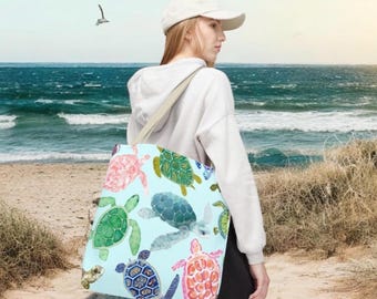 Torba plażowa wielokrotnego użytku z żółwiem morskim, 18 cali, z kolorowym nadrukiem żółwia, ekologiczna torba na ramię z płótna z motywem zwierząt oceanicznych w pastelowych kolorach