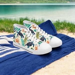 Sea Turtle Hi Top Sneakers for Women, Ocean Print Beach Shoes, Tropical Marine Life Footwear, Turtle Lovers Summer Coastal Fashion Gift Idea