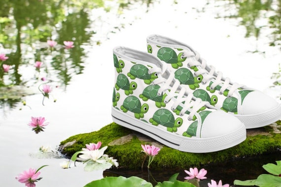 Happy Green Turtle Artistic Design Women s High Top Laced Turtle Shoes Converse Style Vans Sneakers Chucks Sneakers With Turtles on Them Etsy UK