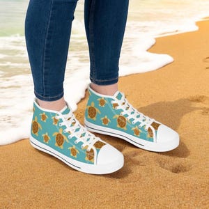 Aqua Blue Sea Turtle Hi Top Sneakers for Women, Cute Ocean Inspired Canvas Shoes, Beachy Animal Print Lace Up Casual Footwear