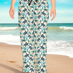 Women’s Tropical Sea Turtle Pajama Pants, Ocean Coral Reef Print Lounge Sleepwear, Beach Vacation PJs, Turtle Lover Loungewear