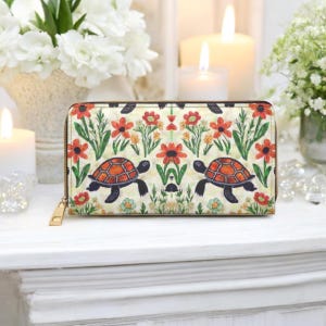 Turtle Floral Zip Wallet for Women, Botanical Tortoise Wallet, Cottagecore Nature Wallet, Turtle Lover Gift, Zipper Clutch Purse