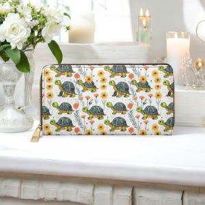 Sunflower Garden Turtle Wallet – Green Tortoise Zip Clutch Purse with Wildflower Print, Cute Botanical Gift, Original Nature Art