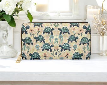 Botanical tortoise wallet floral turtle vegan leather zipper clutch purse turtle lover organizer for women