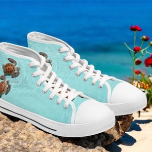 Sea Turtle High Top Sneakers for Women with Coastal Blue Ocean Background, Cute Marine Life Beach Style Shoes, Sea Life Turtlecore Fashion