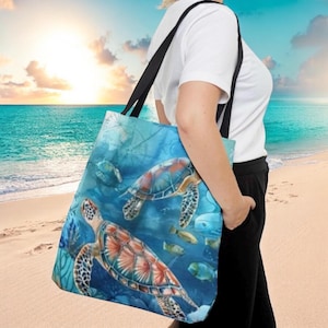 Sea Turtle Artwork Tote Bag, Large Capacity Ocean Life Market Bag, Sea Life Canvas Shoulder Bag, Turtle Print Travel Tote, Blue Tropical Bag