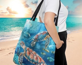 Torba z nadrukiem żółwia morskiego, duża torba na zakupy Ocean Life Market, płócienna torba na ramię Sea Life, torba podróżna z nadrukiem żółwia, niebieska torba tropikalna