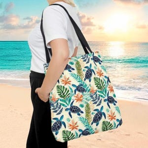 Colorful Sea Turtle Tote Bag - 18 Inch Tropical Leaf & Flower Design - Beach Bag Brilliant Print - Turtle Ocean Lover Gift Idea