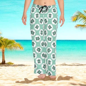 Teal Turtle Artistic Design, Unisex Custom Drawstring Waist Pajama Pants, Tropical Turtle Jammies Pjs, Sea Turtle Sleep Lounge Pants Gift