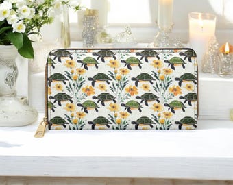 Yellow Wildflower Turtle Wallet – Green Tortoise Zip Clutch with Cottagecore Floral Design, Vegan Leather Purse, Nature Art