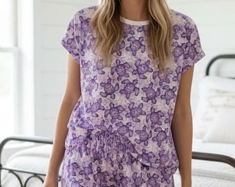 Sea Turtle Pajama Set, Purple Turtlecore Lounge Set Women, Two Piece Turtle Shorts Set, Ocean Lover Sleepwear, Coastal Boho Turtle Gift