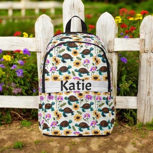Custom Name Turtle Backpack For Girls With Floral Design, Box Turtle Print, School Bag Or Travel Gift, Cute Tortoise Kids Bookbag