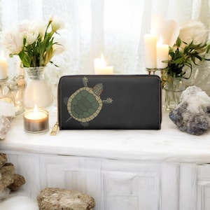 Portemonnee met rode oren schildpad schildpad voor dames, zoetwaterschildpad print rits rond portemonnee, veganistische leren clutch, schildpaddenliefhebber cadeau