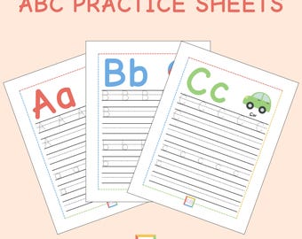 May include: Three white ABC practice sheets with the letters A, B, and C in red, blue, and green, respectively. Each sheet has dotted lines for tracing the letters. The top of the image reads "ABC PRACTICE SHEETS".