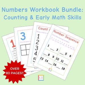 May include: A bundle of children's workbooks with the text "Numbers Workbook Bundle: Counting & Early Math Skills." The workbooks feature number recognition, counting, and number sequence exercises. A red starburst graphic reads "OVER 80 PAGES!!"