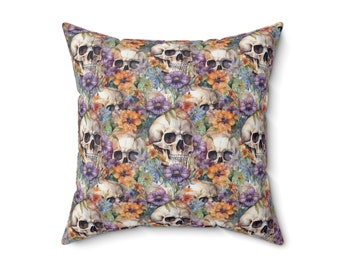 Watercolor Skulls and Flowers Pattern orange Spun Polyester Square Pillow