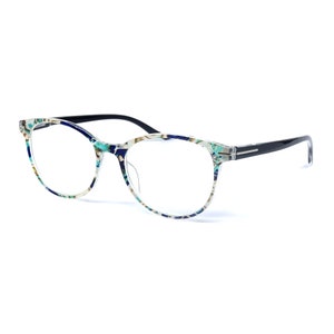 May include: Blue and green patterned eyeglasses with black arms.