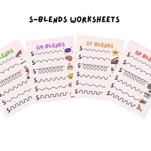 May include: Four worksheets titled "S-BLENDS WORKSHEETS". Each worksheet is a different colour and features a different blend: SK, SM, ST, and SP. Each worksheet has the letter "S" followed by various lines and drawings.