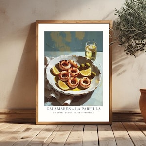 Grilled Calamari Digital Art Print | Mediterranean Kitchen Poster | Spanish Tapas Wall Decor | Instant Download