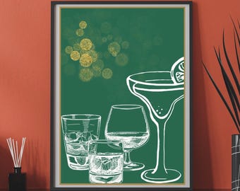 Bar Glass Sketch Digital Print | Green & Gold Cocktail Wall Art | Instant Download