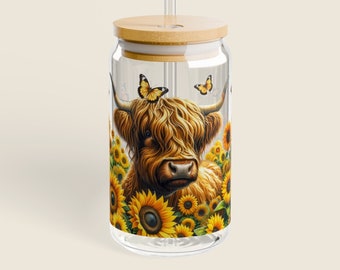 Copo de vidro temperado Highland Cow com tampa e canudo, copo de sorvete, café gelado, chá de bolhas, milk-shake, copo de coquetel, feito nos EUA