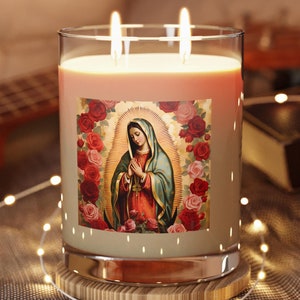 Our Lady of Guadalupe Blessing Candle, Mexico Decor, Scented Prayer Candle, Guadalup Virgin, Premium Full Glass,  Mexican Gift, English
