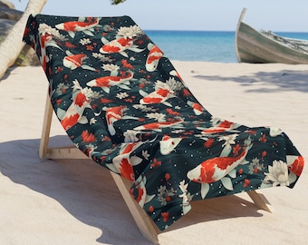 Japanese Koi Fish Beach Towel, Navy Blue Summer Pool Towel, Beachwear, Sealife Beach Accessory, Luxury Heavy Soft Towel, Vintage Japan
