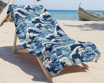 Japanese Great Wave Beach Towel, Blue Summer Pool Towel, Beachwear, Ocean Beach Accessory, Luxury Heavy Soft Towel, Vintage Water Painting