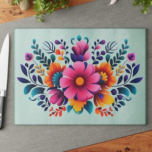 Mexican Floral Glass Cutting Board, Mexico Decor, Mexican Flowers, Vintage Pattern, Chopping Kitchenware,  Mexican Gift